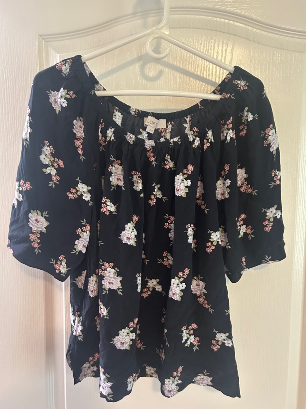 LOFT Black Floral Off-Shoulder Peasant Top Large